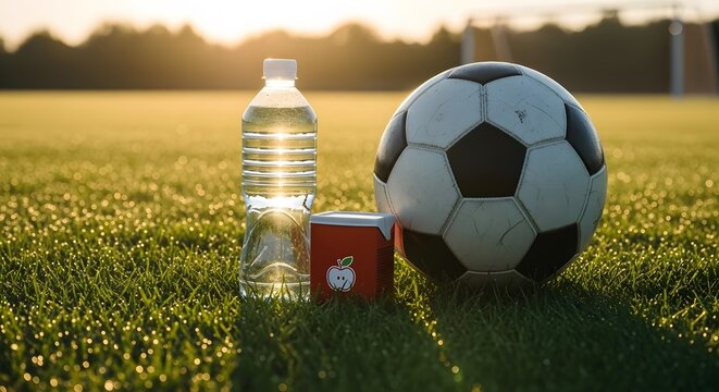 A soccer ball, water bottle, and juice box sit on a grassy field under sunlight, ready for a game.
