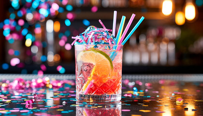 Vibrant Colorful Cocktail with Festive Confetti on Bar