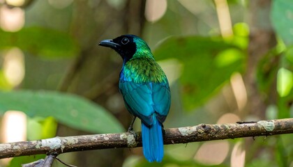Naklejka premium Vibrant bird perched on a branch in a lush forest (1)