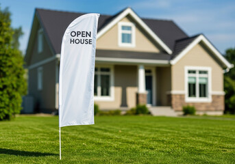 Feather flag mockup blank white banner in front of a modern house for a real estate open house