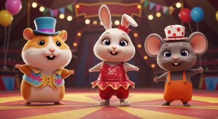 Three adorable cartoon animals?a hamster, a rabbit, and a mouse?in circus costumes, standing on a brightly colored circus ring