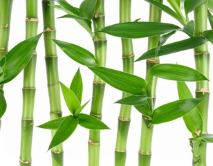Fototapeta premium Fresh Green Bamboo Stalks and Leaves on a White Background