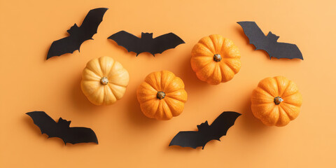 Fototapeta premium Small pumpkins orange pumpkin bat decoration Halloween festive still life