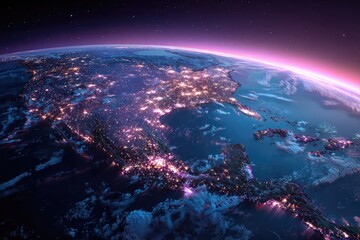 Fototapeta premium Night view of North America from space. Cities glow with lights, surrounded by clouds and water. Sunrise/sunset hues