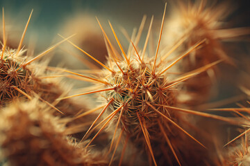 Cactus with sharp spines in desert landscape, close-up detail, soft warm light