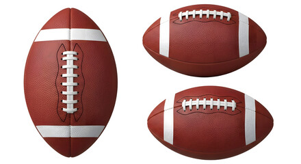 Three brown american footballs with white stripes and laces on black background on transparent background