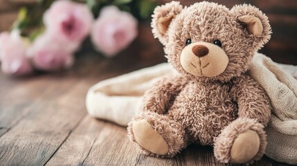 Fototapeta premium A brown teddy bear with a beige blanket on a wooden table with a bouquet of pink roses in the background.
