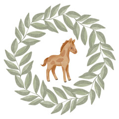 Round watercolor frame decorated with leaves and a cute horse in a hand-painted style. Ideal for greeting cards, invitations, children’s designs, packaging, and farm-themed projects.