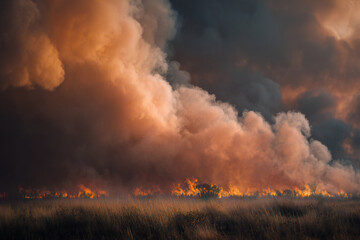 Obraz premium Controlled fire spreading on dry grass, dramatic smoke clouds in background, wildfire concept, environmental disaster
