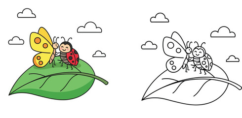  Ladybug and Butterfly Friendship Coloring Page: Cute Cartoon Insects on a Green Leaf with Clouds, Nature Themed Outline Drawing for Kids Activity Book, Kawaii Animal Clipart Vector Illustration