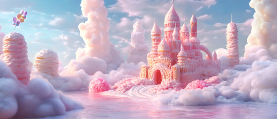 Whimsical pink castle floating amongst dreamy clouds and candy scenery