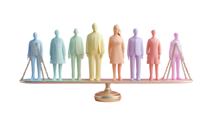 Diverse figures on a balanced scale, pastel colors