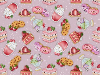 Cute Strawberry Dessert Seamless Pattern on Pastel Pink Background, Sweet Food Illustration