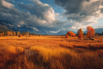 A vast autumn meadow with golden grass scattered across the field under the sunlight.