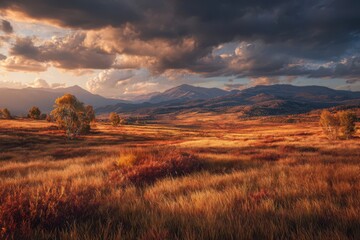 A vast autumn meadow with golden grass scattered across the field, set against a majestic mountain range in the background.
