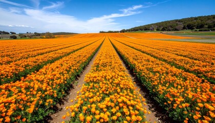 A vast agricultural field of vibrant orange marigold flowers planted in long, neat rows under a clear blue sky.