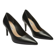 An elegant pair of fashionable black leather stiletto heels isolated on a red background