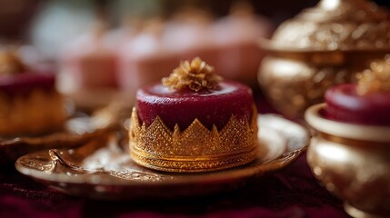 Fototapeta premium An exquisite rich red dessert adorned with intricate golden traditional patterns served on a luxurious gold plate set for a ceremonial occasion