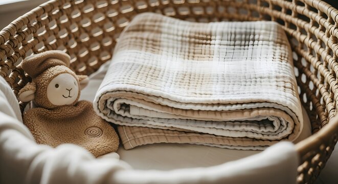 Soft muslin baby blanket and lamb toy nestled in a woven basket.