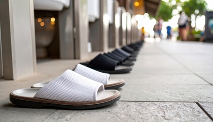 Sandals lined up on a tiled walkway