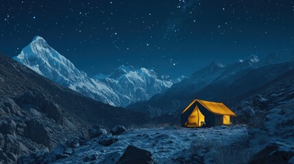A Glowing Tent Illuminated Under a Starry Sky in the Mountainous Wilderness