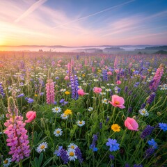 Obraz premium A vibrant meadow at dawn filled with colorful wildflowers under a pastel sky scene