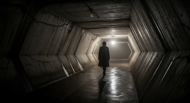Mysterious silhouetted figure walking alone down a dark creepy hexagonal tunnel with a single light source in the distance evoking a sense of suspense and isolation. Yellow September, campaign against - Powered by Adobe