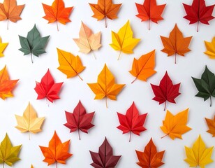 Circular Arrangement of Autumn Origami Leaves on white background