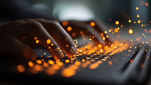 Hands typing on a laptop keyboard, glowing with golden light