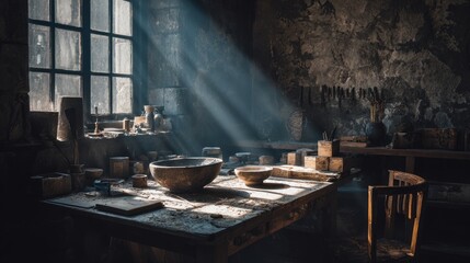 Sunbeams illuminate a rustic workshop, tools and wooden bowls on a table