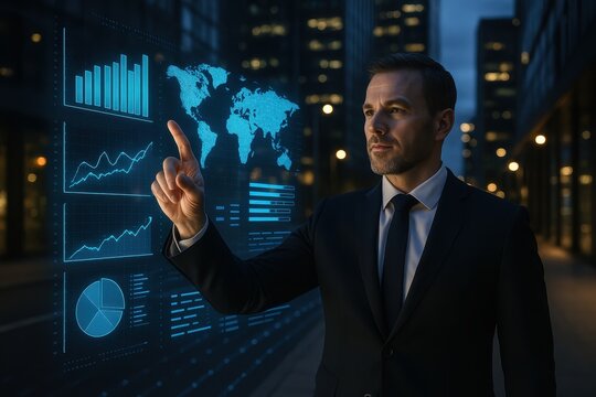 Professional businesswoman interacting with cutting-edge augmented reality display system in modern urban plaza