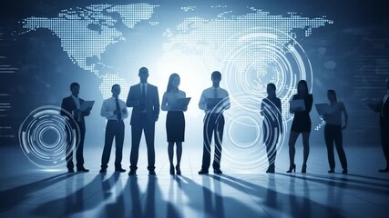 Global Business Team: Silhouetted Professionals Standing Before a World Map - Collaboration, Technology, and International Success Visual