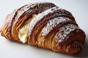 A golden-brown croissant, filled with creamy vanilla filling, is dusted with powdered sugar and sliced almonds.  It rests on a stark white background