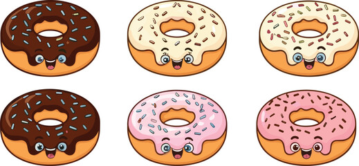 Cute Cartoon Donuts with Happy Faces and Colorful Frosting, Vector Set of Sweet Pastry Characters for Kids Food Illustrations