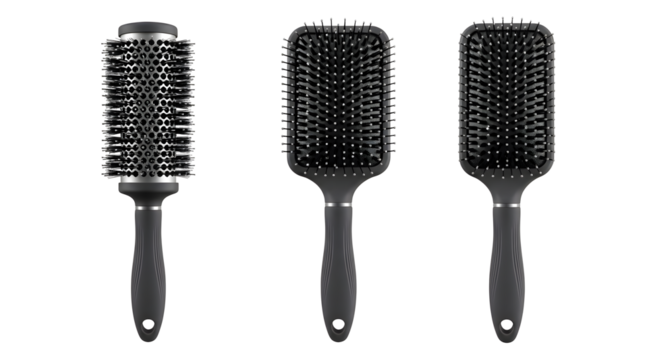 Three gray hair brushes: round and paddle styles on transparent background