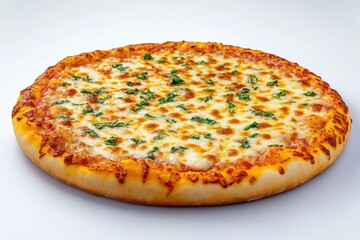A cheese pizza with a thin crust, generously covered in melted mozzarella cheese and sprinkled with fresh parsley, sits on a white background. 