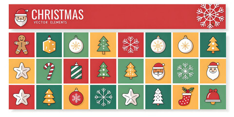 Christmas vector elements in square shapes featuring santa claus, snowflakes, christmas tree, ornaments, candy cane, bell, star, mistletoe, gift, gingerbread man and more christmas related items