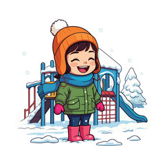 Smiling little girl with a red scarf and hat, enjoying the snow on her snowboard in a fun cartoon illustration