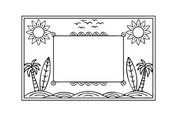 Summer Beach Mono Line Art Frame. Tropical Vector Border with Sun, Waves, and Palm Trees