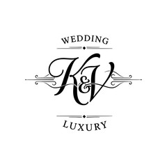 KV Monogram logo, Minimalist Typographic Line Monogram Logo, KV Wedding monogram log