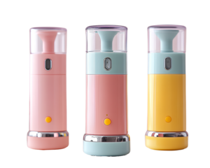 the small size baby hand held blender is made of plastic material, with three colors in pink blue and yellow styles, isolated on a transparent background.