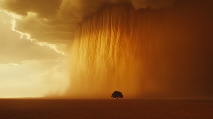 Golden tempest: A solitary tree endures under a dramatic downpour in vast open plains