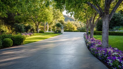 Obraz premium Elegant driveway lined with lush landscaping