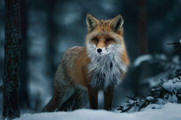 Fototapeta premium Wild fox standing alert in a snowy forest, natural winter environment, sharp focus on fur details
