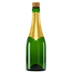 Green Champagne Bottle with Gold Foil and Cork Stopper on White Background
