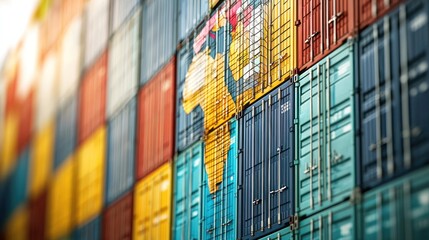 Fototapeta premium A colorful array of shipping containers stacked in a grid pattern with a world map on one of them.