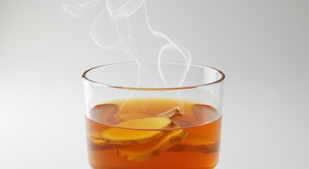 A close-up of a clear glass filled with a warm, amber-colored beverage and sliced ginger, with wisps of steam rising against a white backdrop