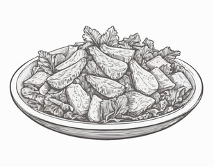 Caesar salad with chicken hand drawn engraving sketch Restaurant business concept Vector illustration.