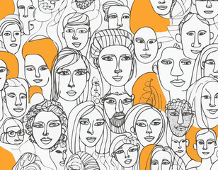 Set of people faces hand drawn in doodle style.Black lines and silhuette.Social network concept.Vector illustration.