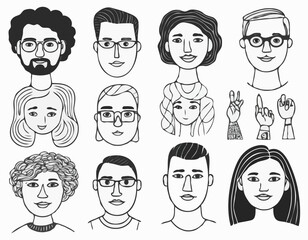 Set of people faces hand drawn in doodle style.Black lines and silhuette.Social network concept.Vector illustration.